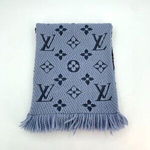 LOUIS VUITTON Monogram Wool & Silk Blend Scarf With Fringe In Light Blue & Navy